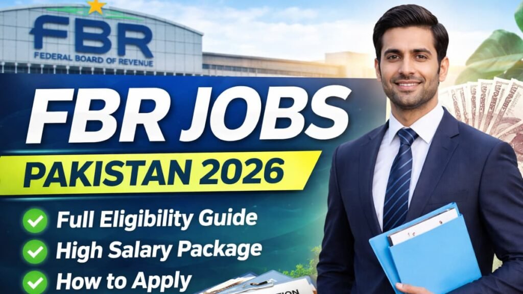 FBR Jobs Pakistan 2026 showing a confident Pakistani professional holding documents, FBR headquarters in the background, and text highlighting eligibility, salary, and application guidance.