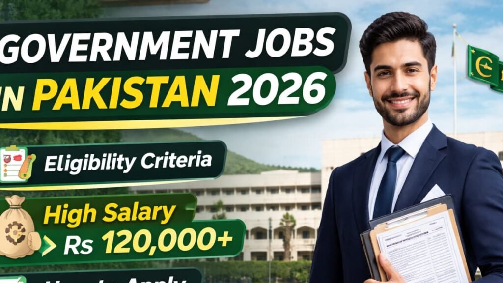 Official 2026 guide for government jobs in Pakistan showing eligibility criteria, high salary opportunities, and application process with a professional candidate in front of government buildings.