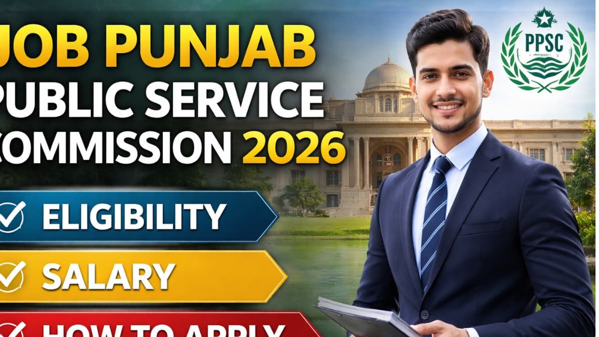Job Punjab Public Service Commission 2026 thumbnail showing a confident professional in front of the PPSC Lahore building with eligibility, salary, and application highlights.