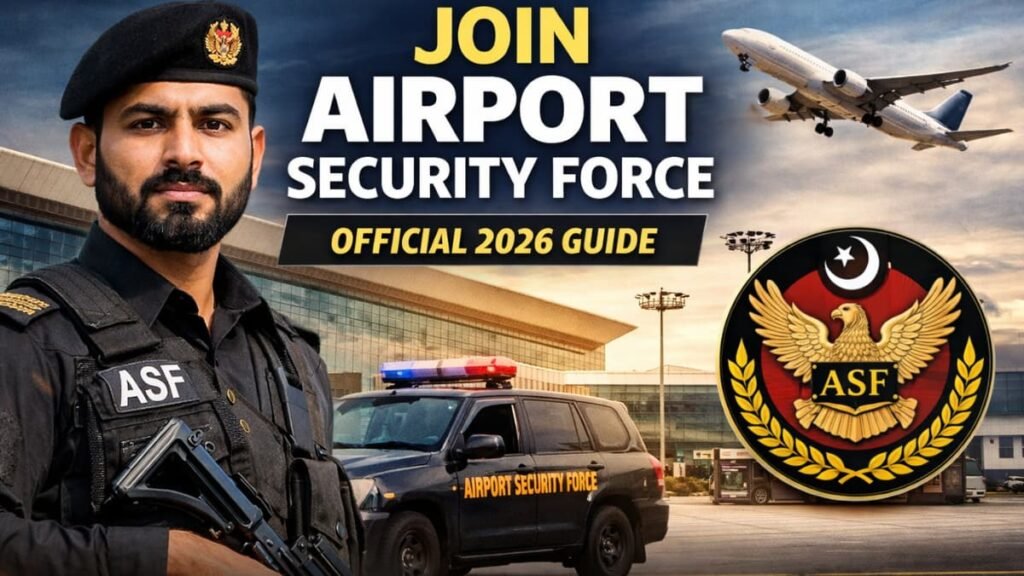 Official 2026 guide to join Airport Security Force in Pakistan, showing ASF officer, airport security vehicle, airplane, and recruitment highlights including eligibility, salary, and application process.