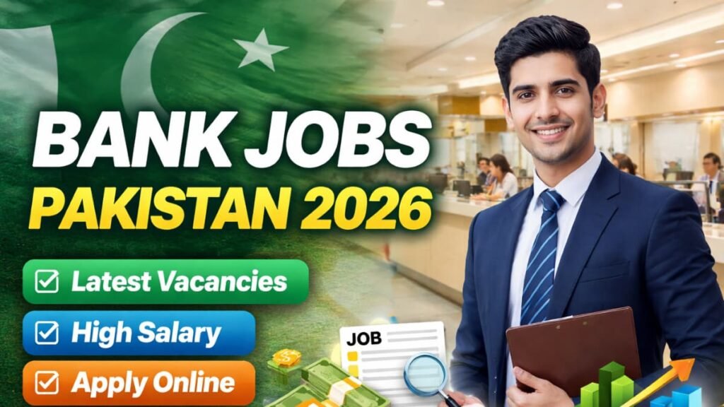 Promotional thumbnail for Latest Bank Jobs Pakistan 2026 – Official Apply Guide showing a professional banker with apply online, salary, and vacancies highlights.