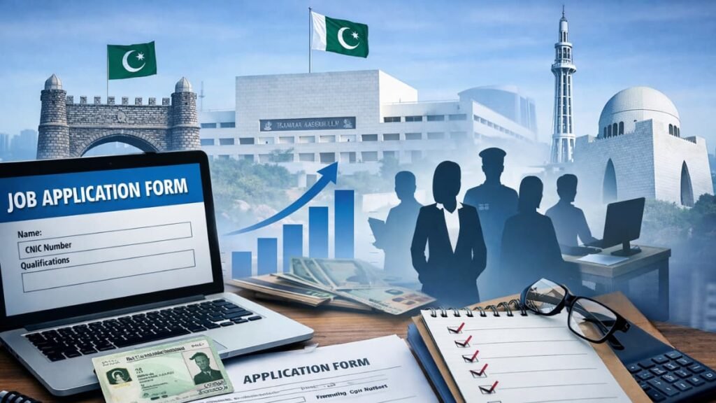 Professional digital banner showing laptop with job application form, CNIC, checklist, and government buildings representing official government job vacancies in Pakistan 2026