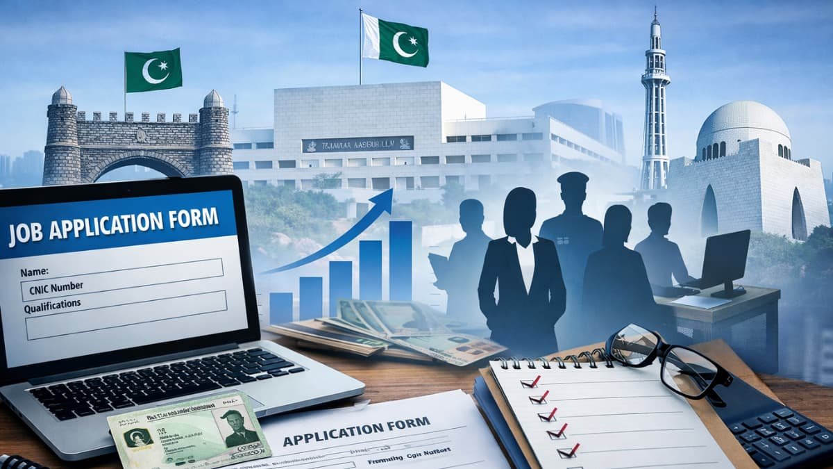 Professional digital banner showing laptop with job application form, CNIC, checklist, and government buildings representing official government job vacancies in Pakistan 2026