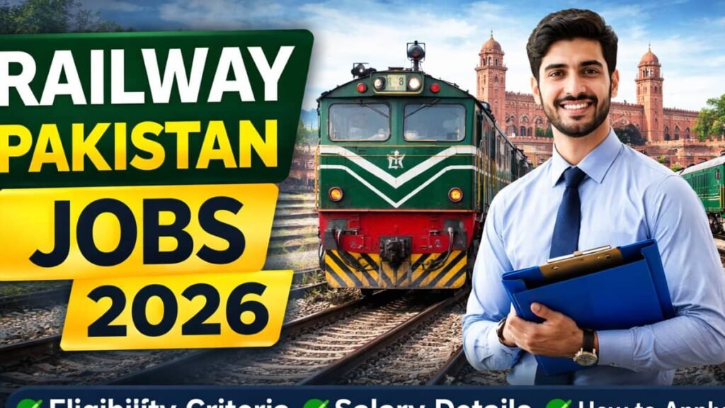 Latest Official Railway Pakistan Jobs 2026 thumbnail showing Pakistan Railways train and candidate with eligibility, salary and apply details