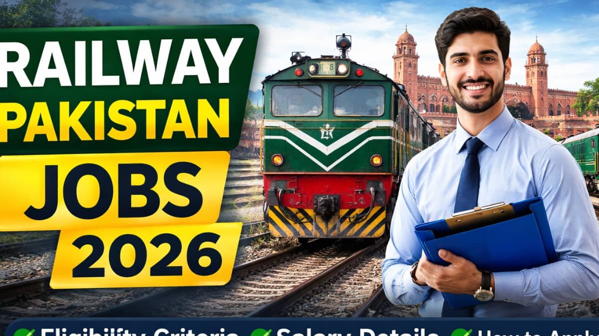 Latest Official Railway Pakistan Jobs 2026 thumbnail showing Pakistan Railways train and candidate with eligibility, salary and apply details