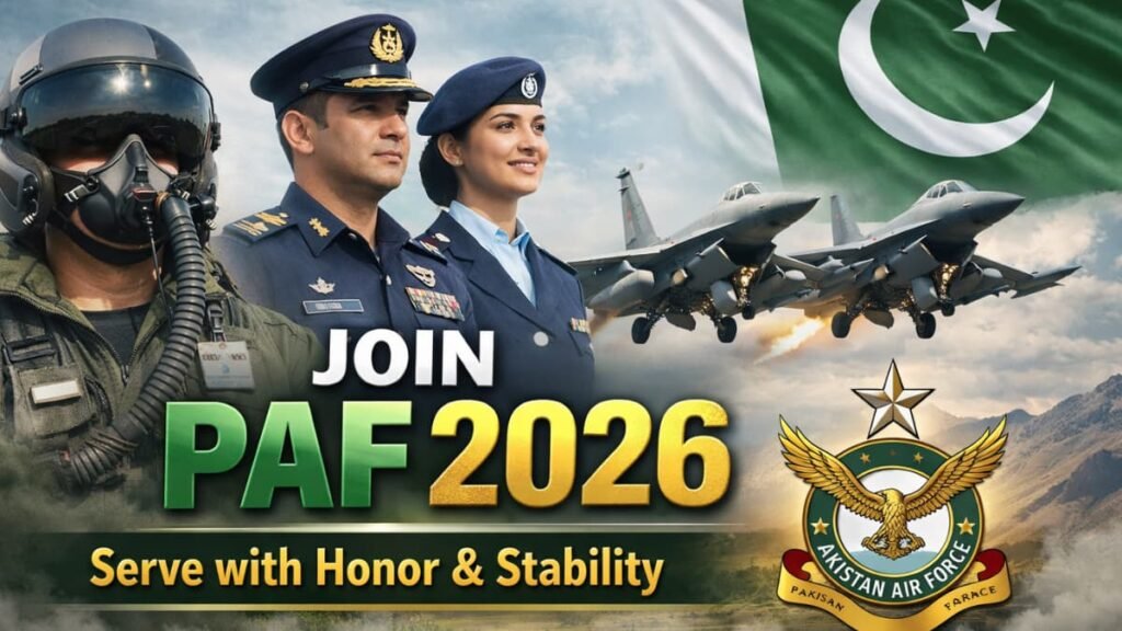 Digital 16:9 thumbnail for "Join PAF 2026" showing Pakistan Air Force pilots, F-16 jets in flight, and the PAF emblem with a backdrop of the national flag, representing recruitment and career opportunities.