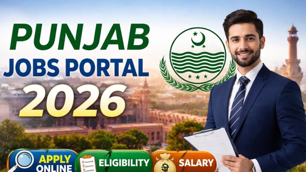 Punjab Jobs Portal 2026 official guide thumbnail showing a professional candidate holding documents, with Punjab emblem and Lahore city background, highlighting “Apply Online,” “Eligibility,” and “Salary.”
