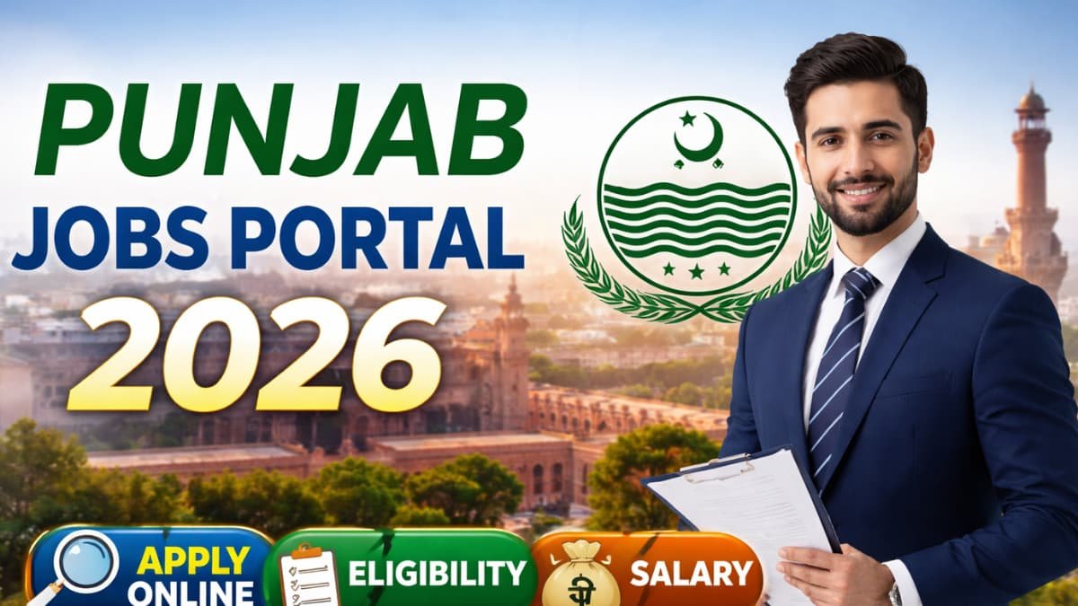 Punjab Jobs Portal 2026 official guide thumbnail showing a professional candidate holding documents, with Punjab emblem and Lahore city background, highlighting “Apply Online,” “Eligibility,” and “Salary.”